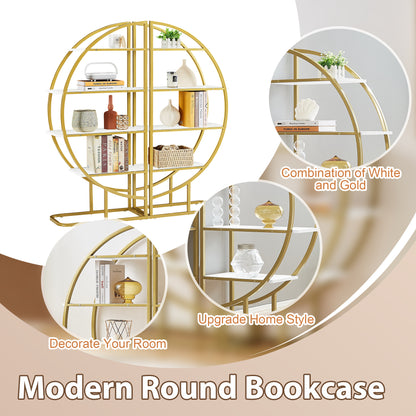Modern 4-Tier Round Open Bookshelf with Gold Metal Frame and Adjustable Placement Options