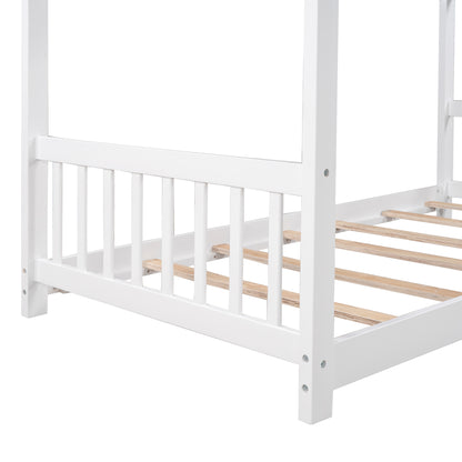 Whimsical Twin House Bed with Roof, Headboard & Footboard - White