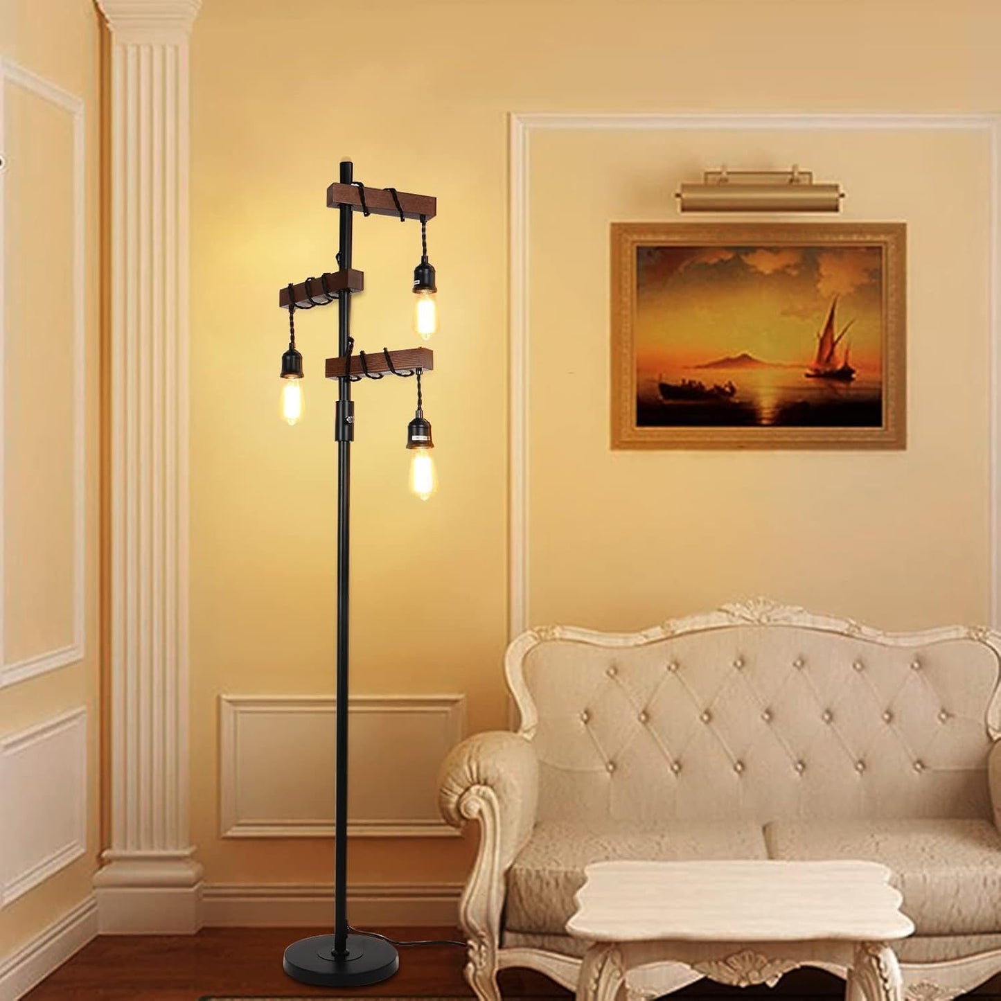 68-Inch 3-Head Dimmable Floor Lamp, Wood & Metal Base, Rustic Farmhouse Lighting for Living Room Black