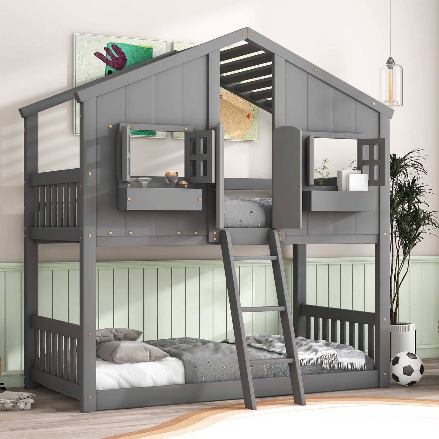 Twin House Bunk Bed for Kids with Roof and Windows - Twin Over Twin Design in Grey
