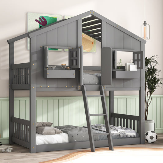 Twin House Bunk Bed for Kids with Roof and Windows - Twin Over Twin Design in Grey