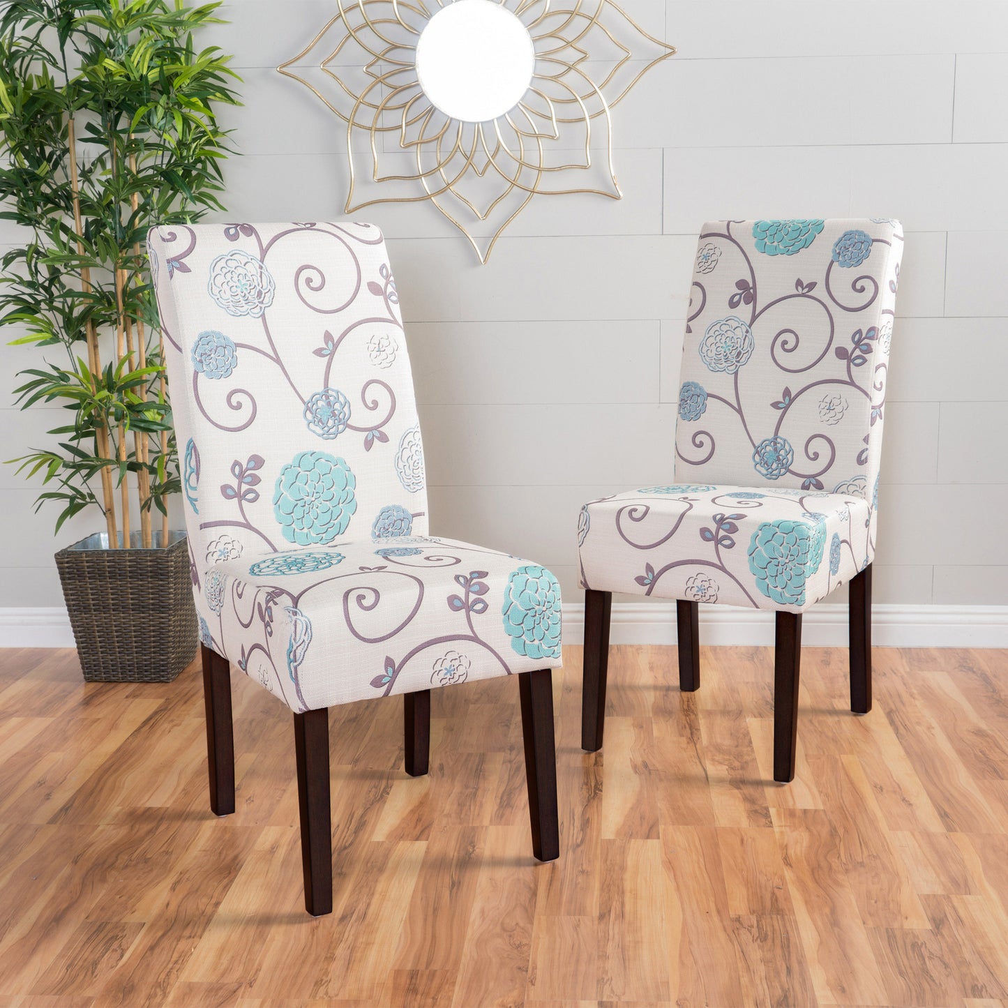 Contemporary Dining Chair Set of 2, 17.5W x 26.5D x 39.5H, Fabric, Rubberwood Legs, White and Blue