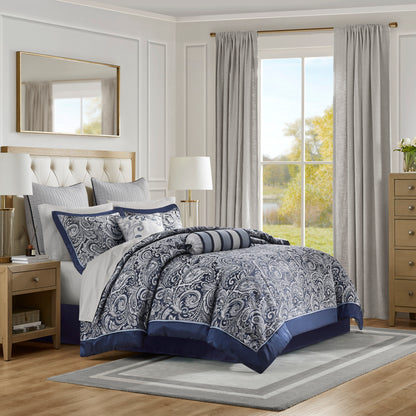 12-Piece Comforter Set with 200-Thread-Count Cotton Sheets, Jacquard Paisley Pattern, Queen Size, Navy