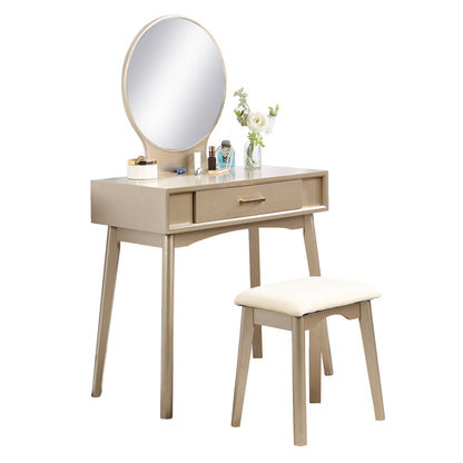 Contemporary Wood Vanity and Stool Set for Bedroom, Drawer Storage, 2-Piece Vanity Set Gold