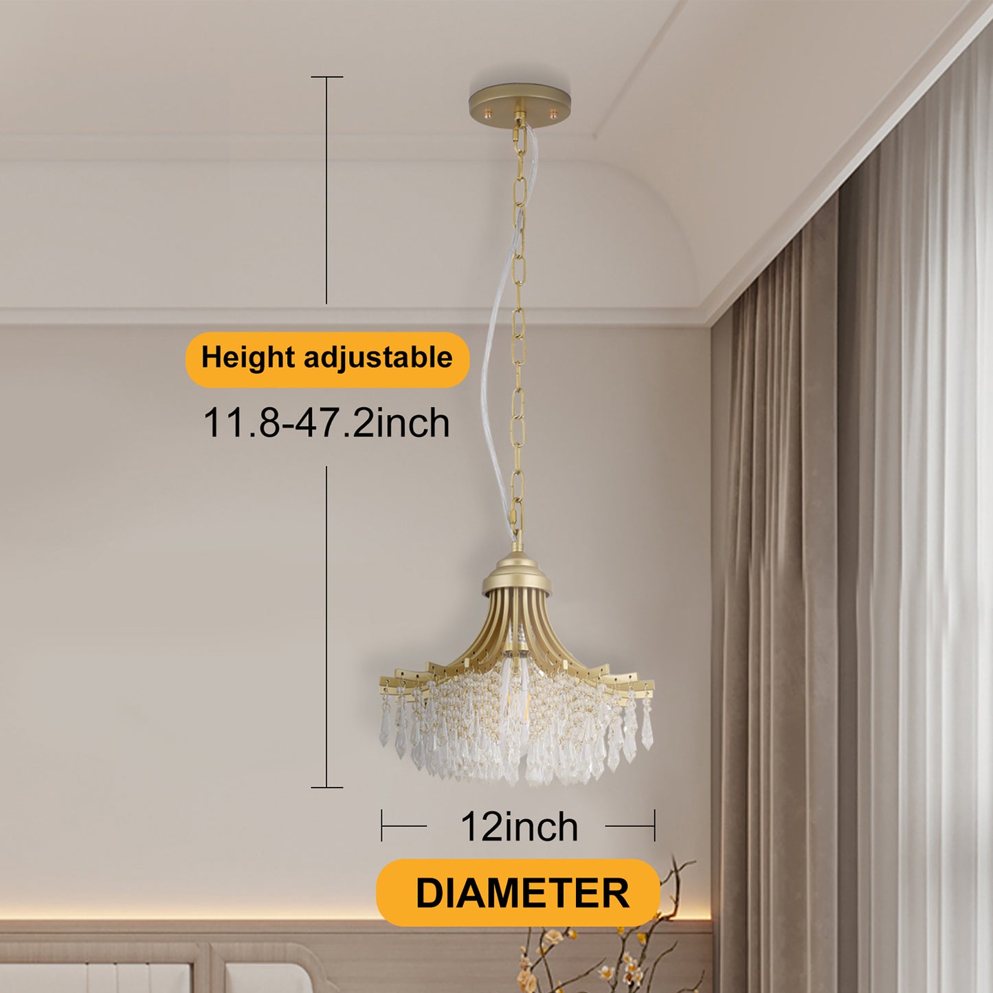 11.75-Inch Pendant Light, 1-Bulb, Fan-Shape Glass Bead Shade, Metal Chandelier, Dimmable, 10-Inch, Gold