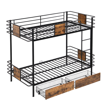 Twin XL Metal Bunk Bed with MDF Guardrails and Storage Drawers in Black