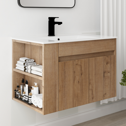 Modern 30-Inch Wall-Mounted Bathroom Vanity with Open Shelf - Vanity Cabinet Only (No Basin Included)