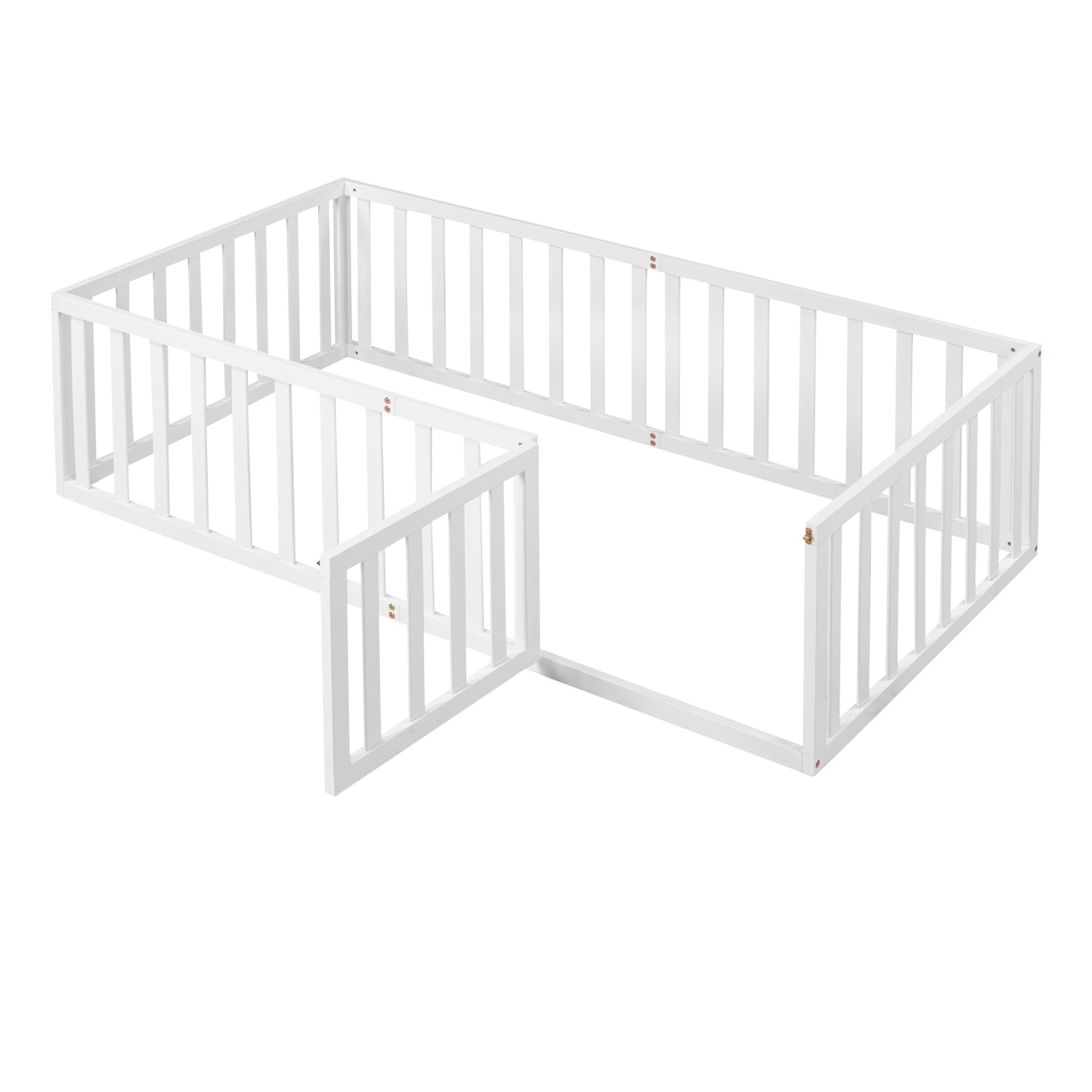 Playful Twin Wooden Floor Bed Frame for Kids with Fence and Door, White