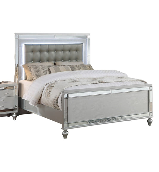 Elegant Silver Tufted Faux Leather Queen Bed with LED Lighting and Mirrored Accents