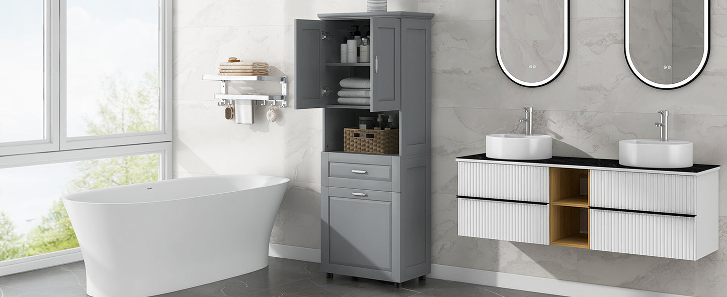 Tall Grey Storage Cabinet with Removable Laundry Hamper, Multi-Functional Upper Shelves and Cabinet Doors