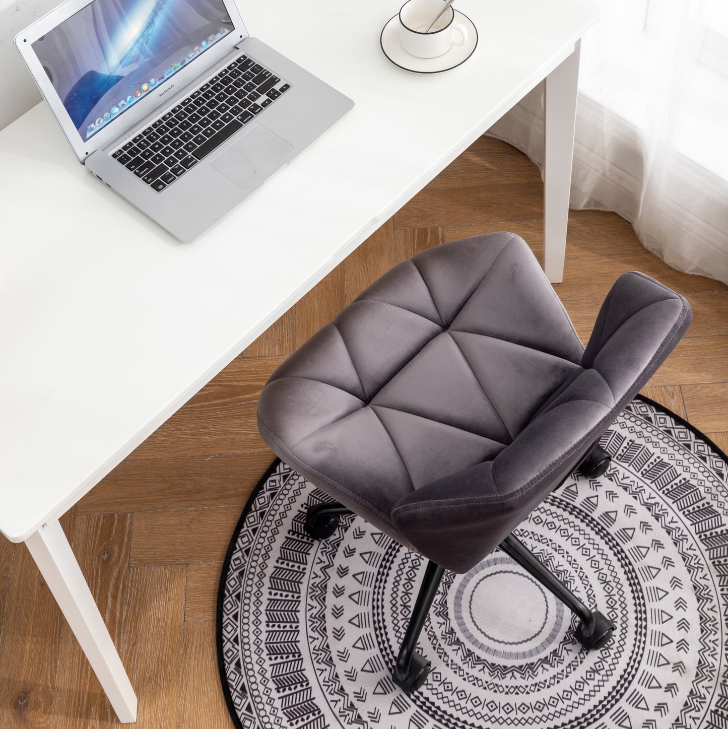 Gray Velvet Adjustable Swivel Office Chair with Diamond Tufting