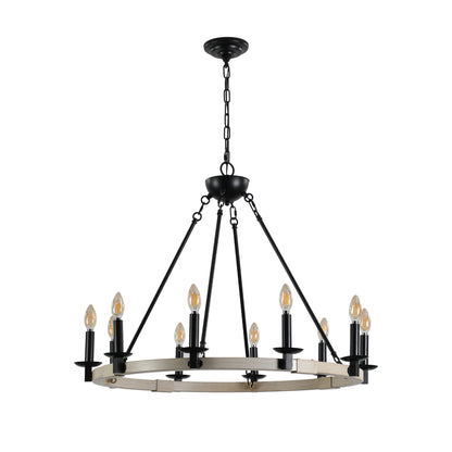 10-Light Rustic Farmhouse Round Chandelier for Dining, 31.5-in Dia, Iron & Wood, E12 Base - Matte Black