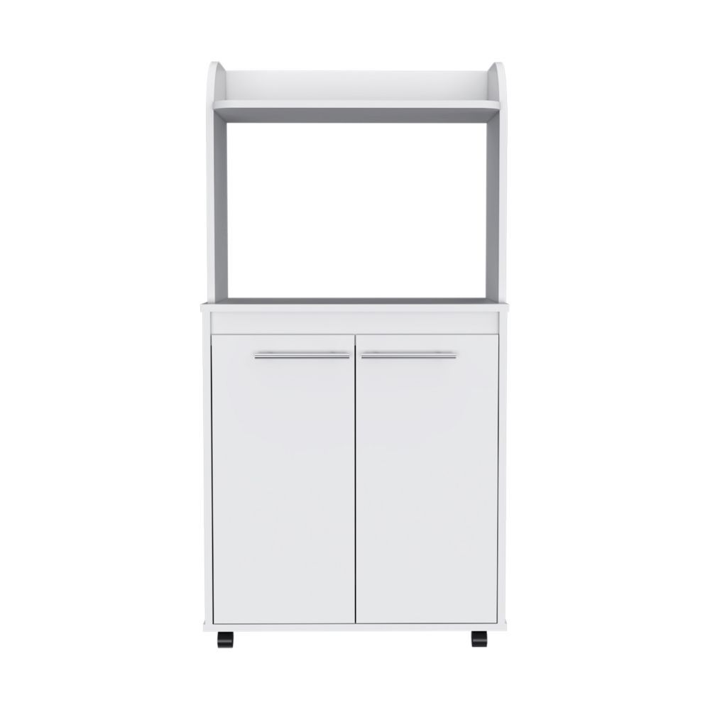White 2-Door Kitchen Pantry with Microwave Shelf and Caster Wheels
