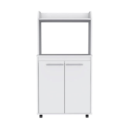 White 2-Door Kitchen Pantry with Microwave Shelf and Caster Wheels