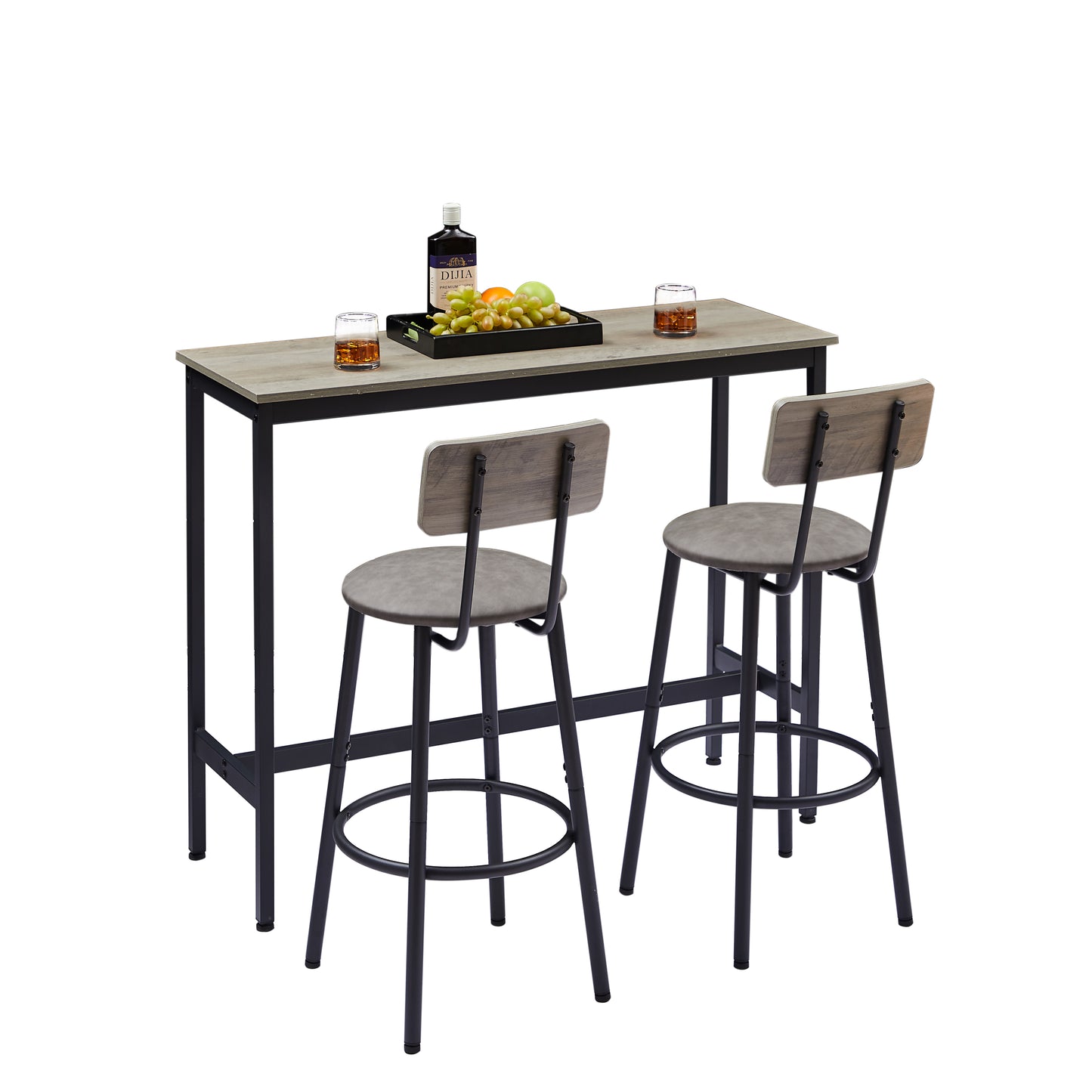 2-Piece Bar Table Set with 2 PU Stools and Backrests, Compact Modern Dining/Bar Furniture, Grey