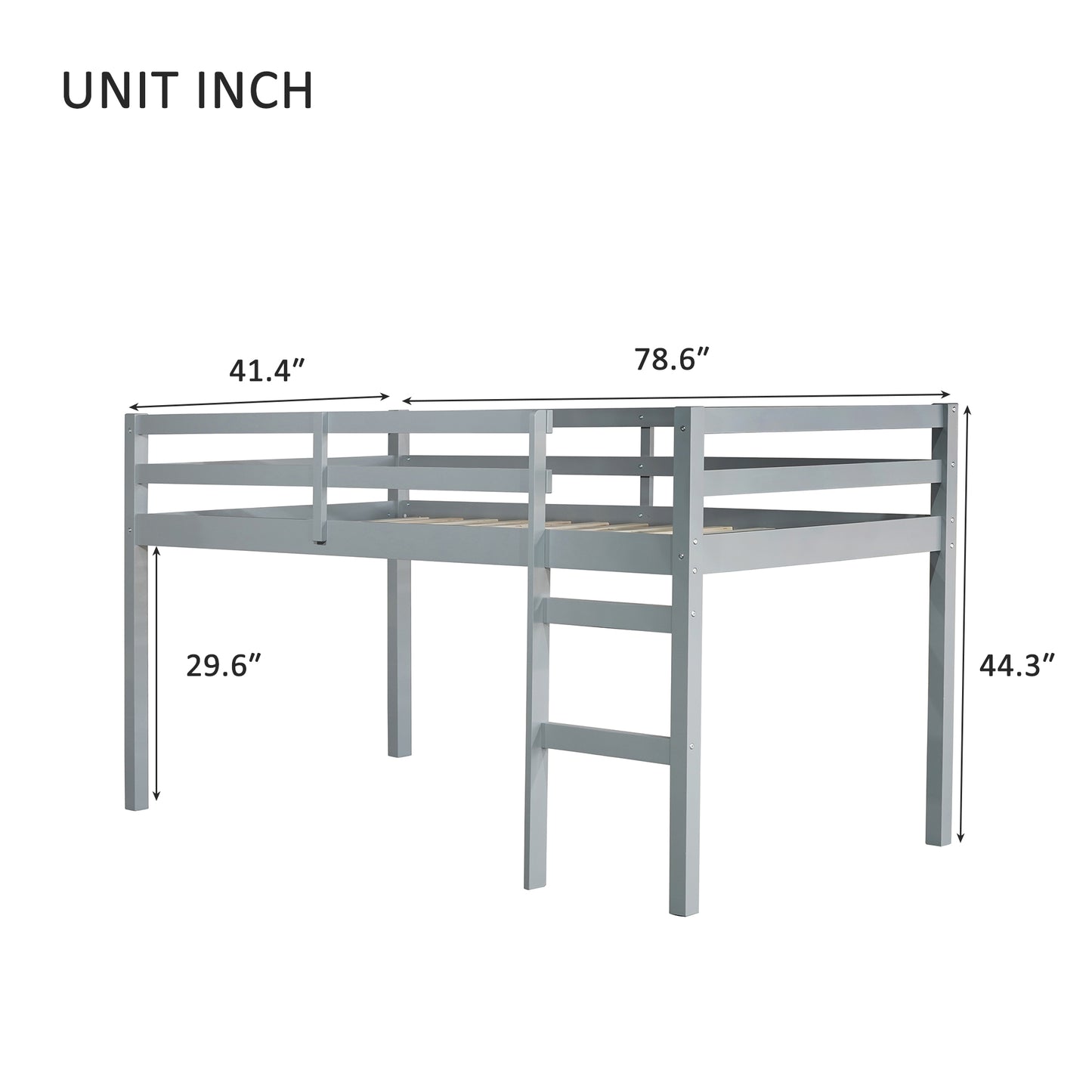 Grey Solid Rubber Wood Twin Loft Bed with Ladder and Sturdy Slat Support