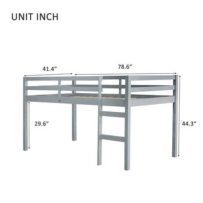 Grey Solid Rubber Wood Twin Loft Bed with Ladder and Sturdy Slat Support