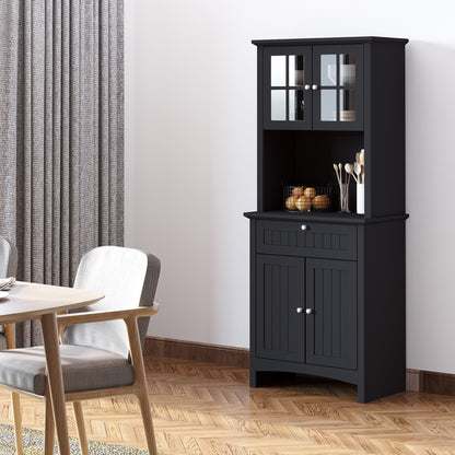 Sleek Black Kitchen Pantry Cabinet with Hutch and Adjustable Shelves