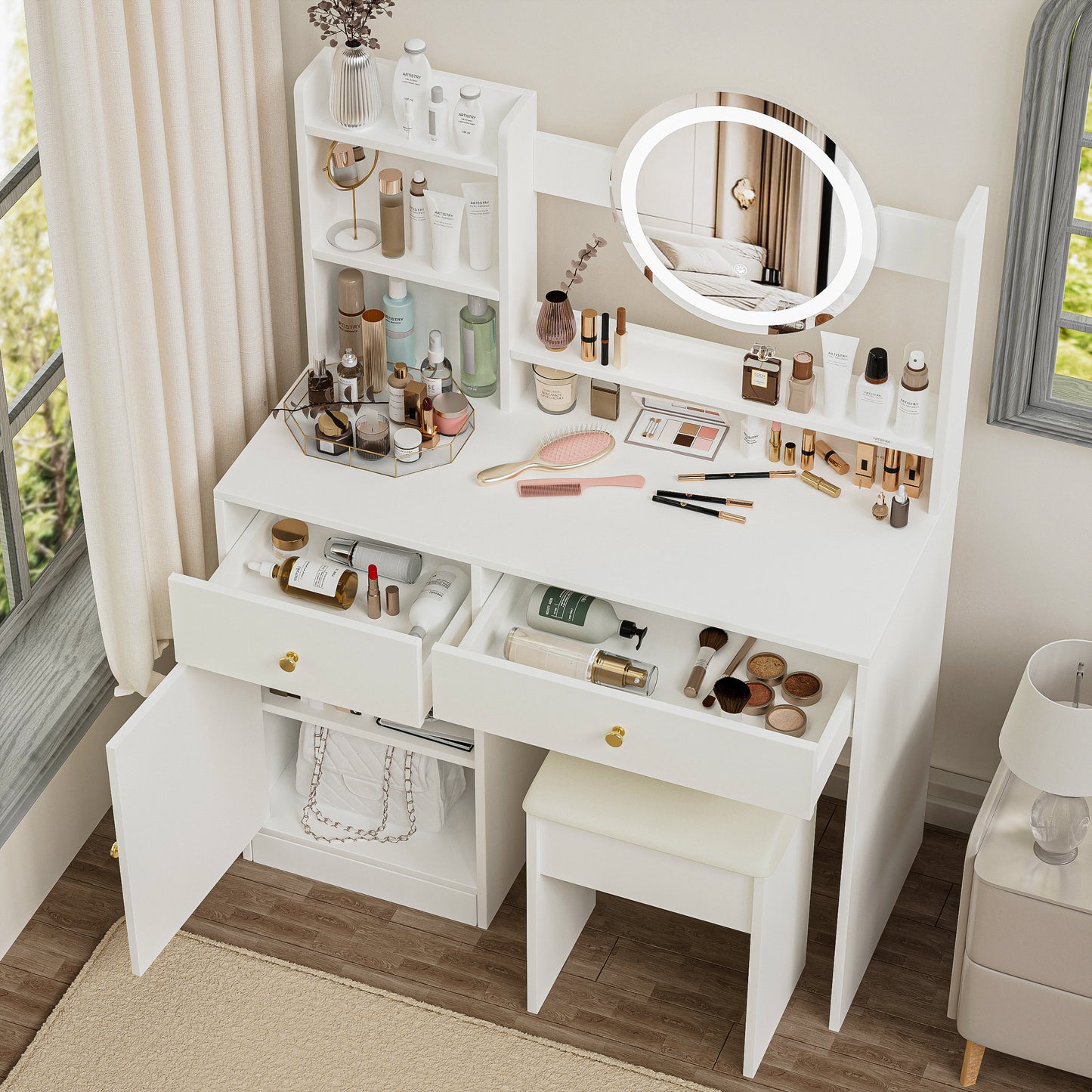 Vanity Set with LED Mirror and Adjustable Lighting, Cushioned Stool, 2 Drawers, Bedroom Vanity, White