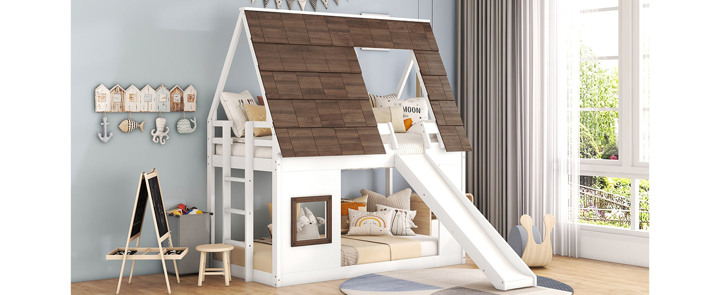 Wooden Twin House Bunk Bed with Roof, Ladder, and Slide in White and Brown