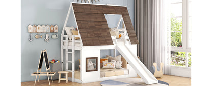 Wooden Twin House Bunk Bed with Roof, Ladder, and Slide in White and Brown