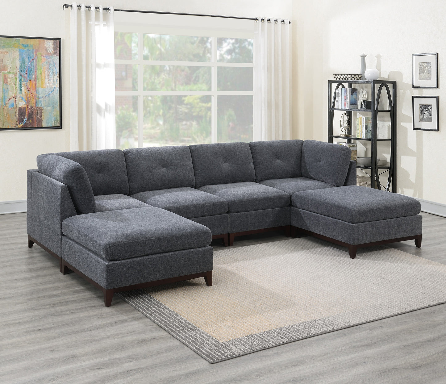 6-Piece Modular Sectional: 2 Corner Wedges, 2 Armless Chairs, 2 Ottomans, U-Shape, Chenille Tufted Back | Ash Grey