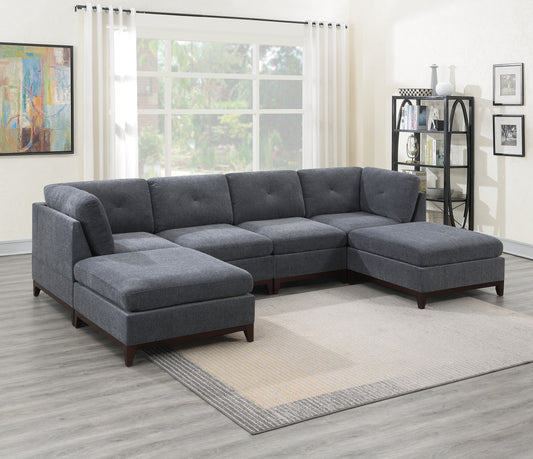 6-Piece Modular Sectional: 2 Corner Wedges, 2 Armless Chairs, 2 Ottomans, U-Shape, Chenille Tufted Back | Ash Grey