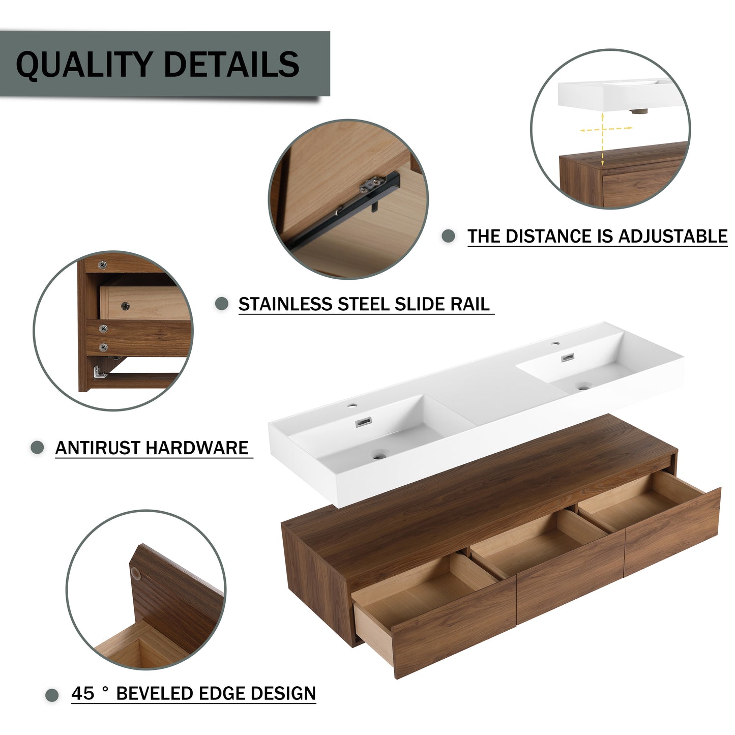 Contemporary 60-Inch Wall-Mounted Bathroom Vanity with Dual Resin Sinks, Soft-Close Drawers, and Floating Design