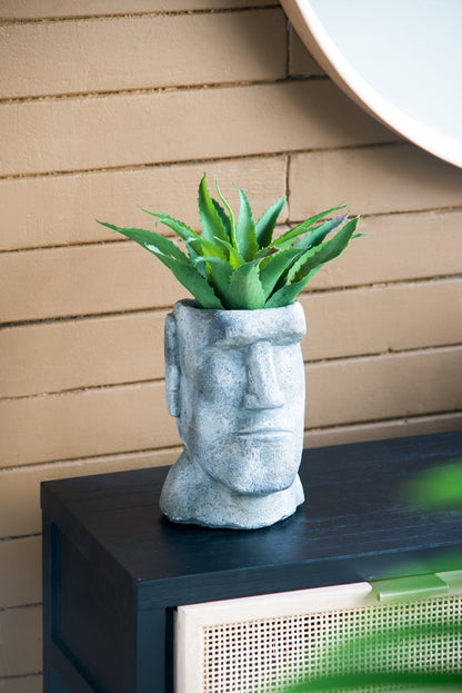 Easter Island Cement Planter, 5 x 5.5 x 9 in, Small-to-Medium Plant Holder, Stone-Style Decor, Gray