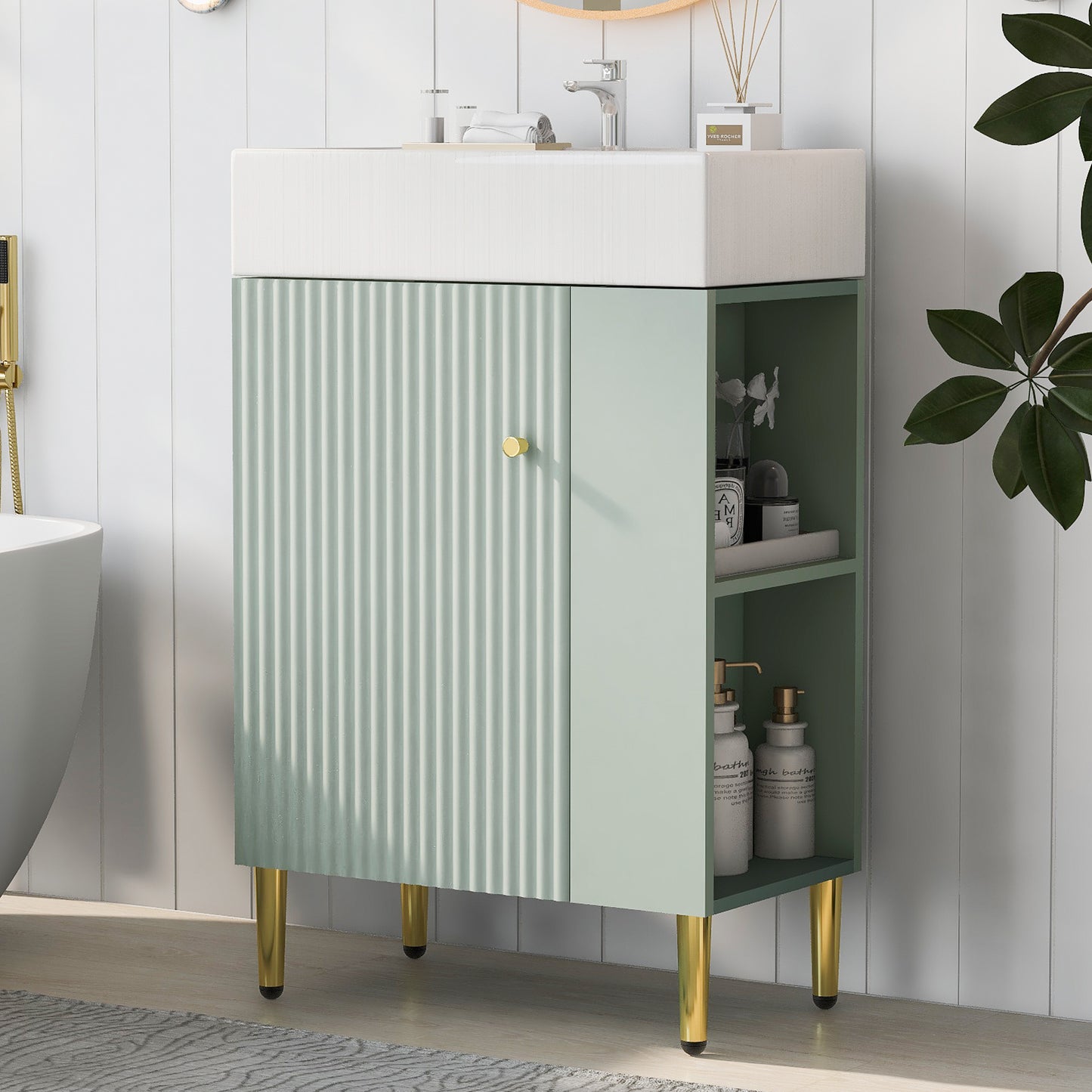 Contemporary 21.6" Green Bathroom Vanity with Ceramic Sink and Right Side Storage Cabinet