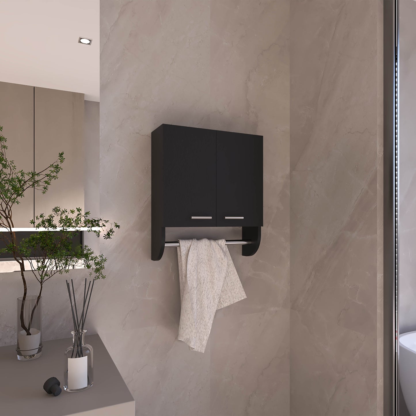 Optim Medicine Cabinet with towel holder 17.4" Wide Medice Cabinet Organizer with Two interior Shelves and Tower Holder for Bathroom, Kitchen, Mudroom