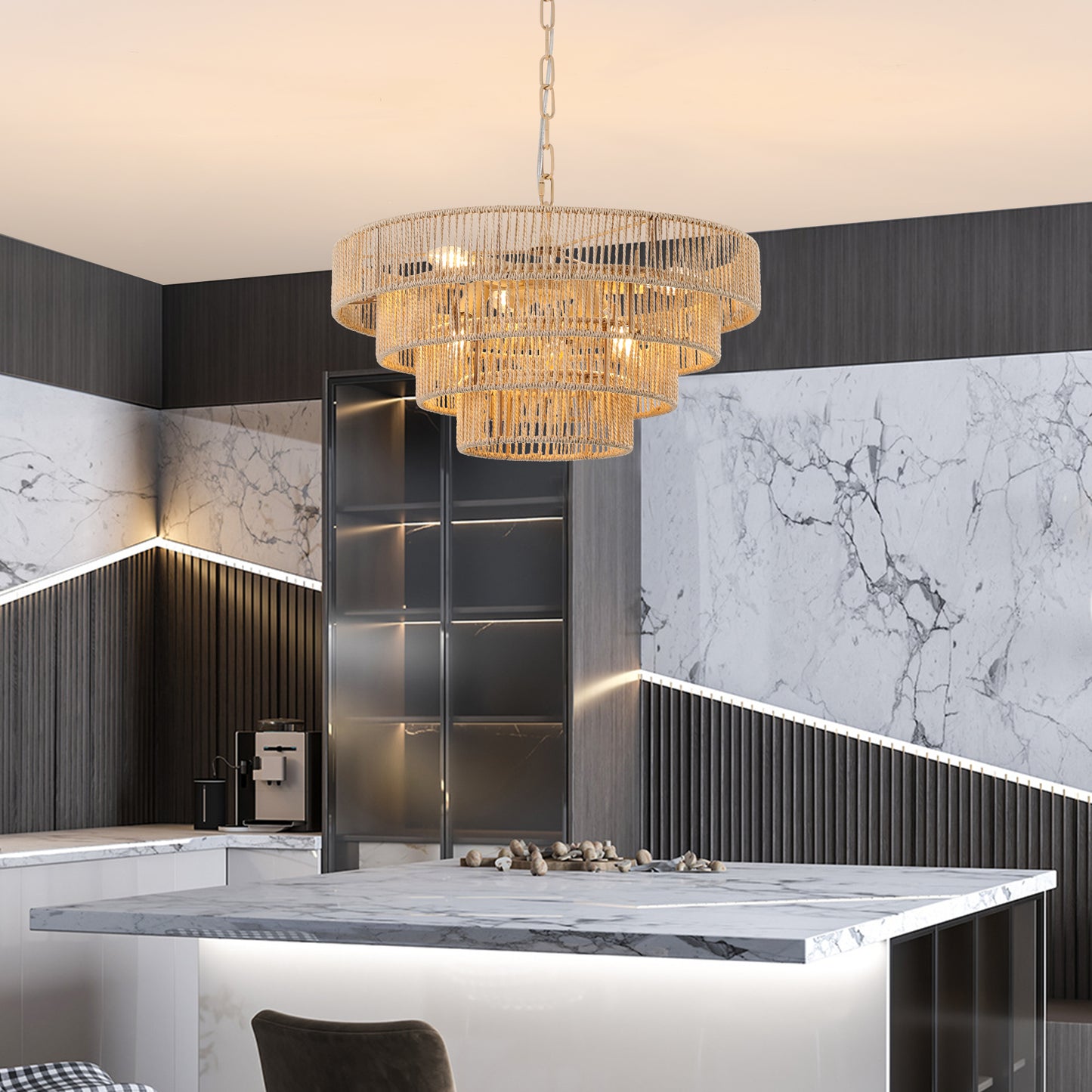 Bohemian Rattan Pendant Light, 19.7-Inch Dia, 4-Tier Chandelier, Adjustable Chain, E12 Bulbs Ready Wood