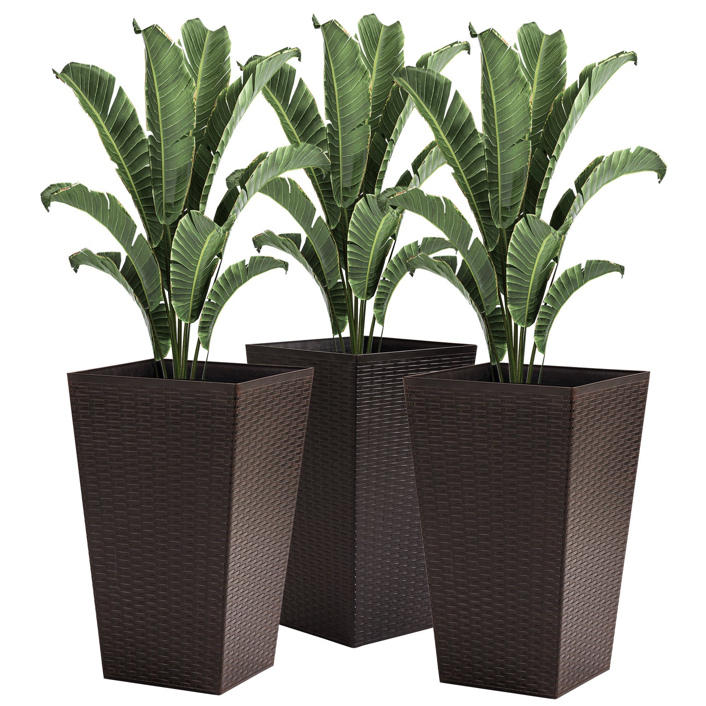 Set of 3 Tall Plastic Planters with Drainage Holes, Indoor/Outdoor, 14.25 x 14.25 x 24 in Brown
