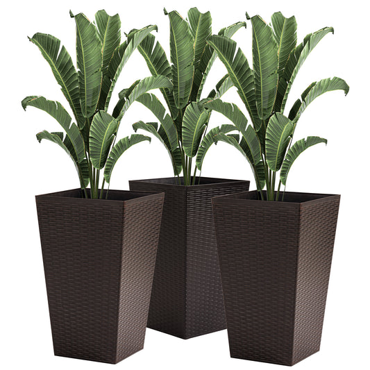 Set of 3 Tall Plastic Planters with Drainage Holes, Indoor/Outdoor, 14.25 x 14.25 x 24 in Brown