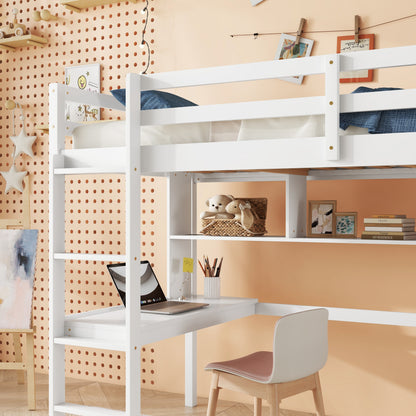 Twin Loft Bed with Integrated Desk and Shelves, Safety Guardrails, and Ladder in White