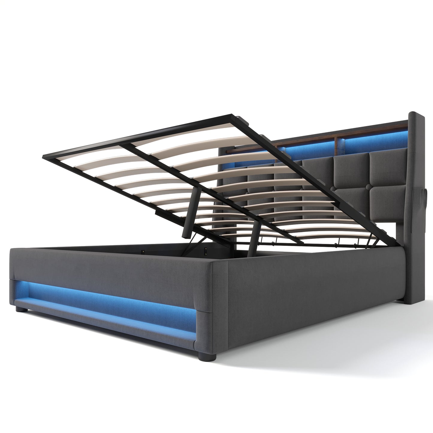 Modern Queen Size Upholstered Platform Bed with Hydraulic Storage, LED Lighting, and USB Port - Grey (Mattress Not Included)