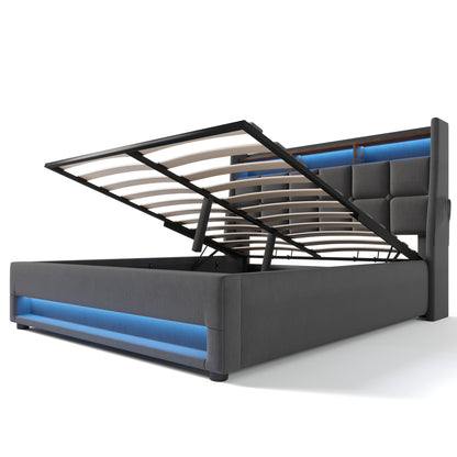 Modern Queen Size Upholstered Platform Bed with Hydraulic Storage, LED Lighting, and USB Port - Grey (Mattress Not Included)