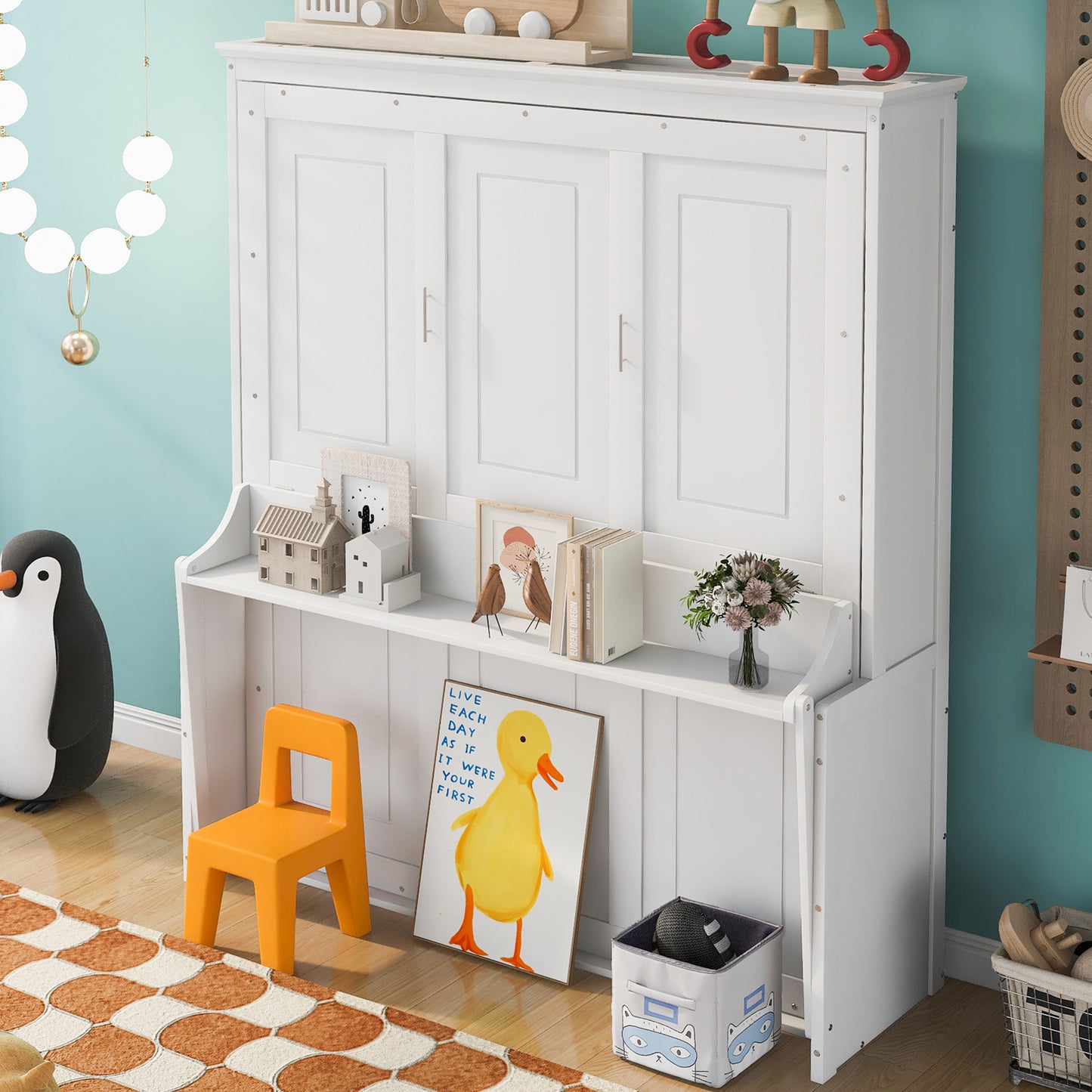Versatile Queen Murphy Bed with Integrated Shelf in White
