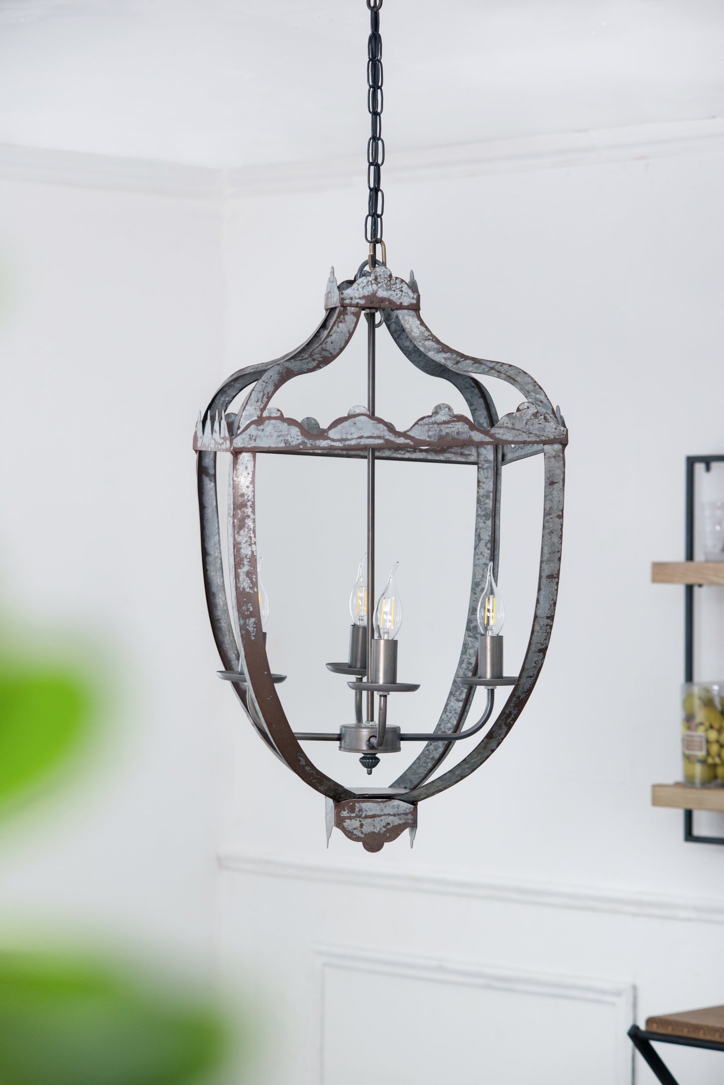 Four-Light Iron Chandelier with Adjustable Chain for Kitchen or Dining — 15.7in Square, Gray Rustic Finish