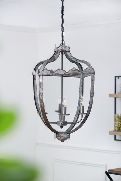 Four-Light Iron Chandelier with Adjustable Chain for Kitchen or Dining — 15.7in Square, Gray Rustic Finish