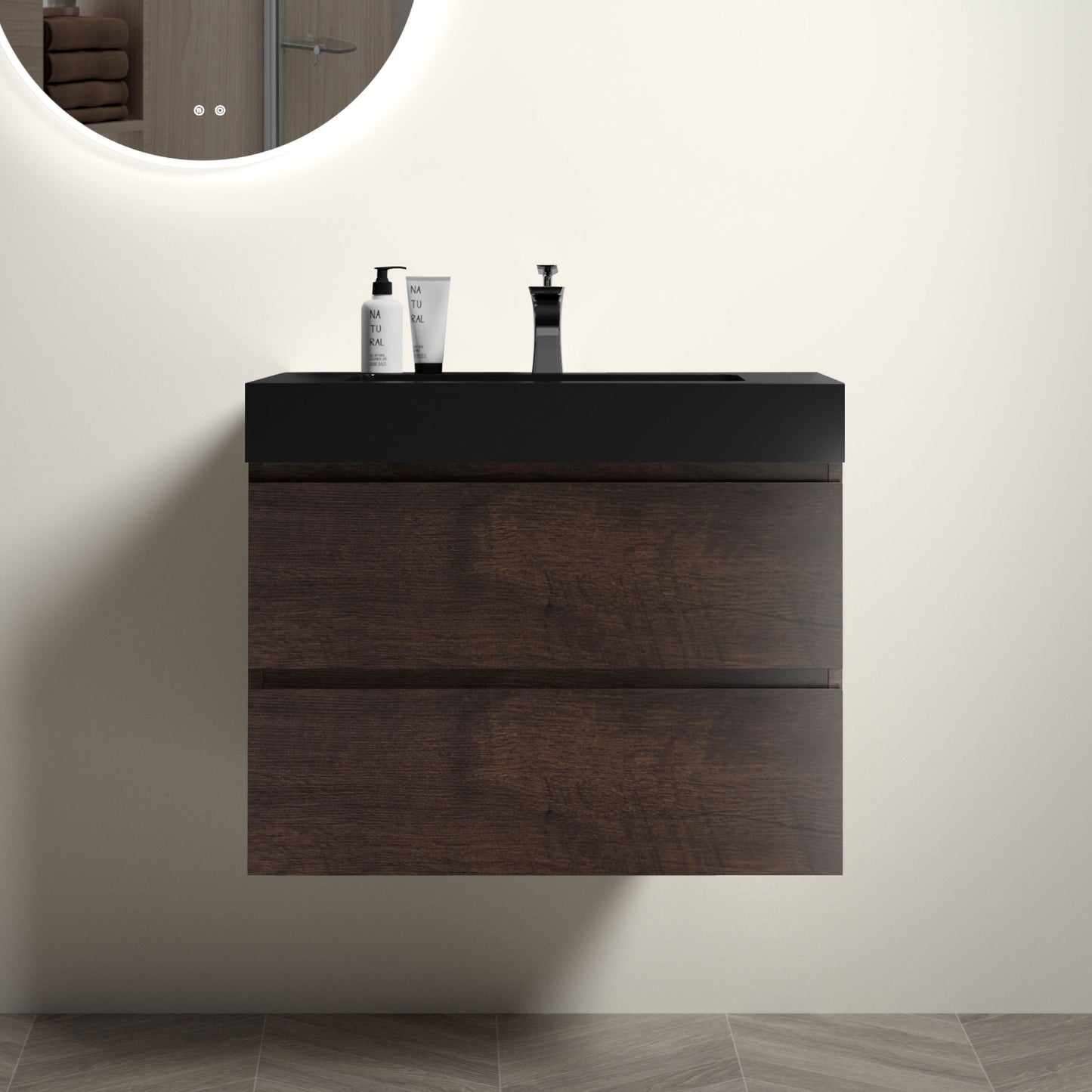 Modern 30" Walnut Floating Bathroom Vanity with Black Sink and Ample Storage