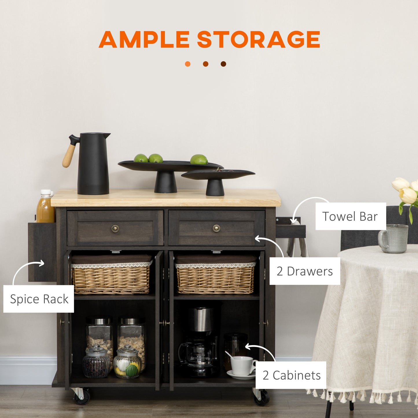 Modern Brown Oak Rolling Kitchen Island Cart with Spice Rack and Adjustable Shelves