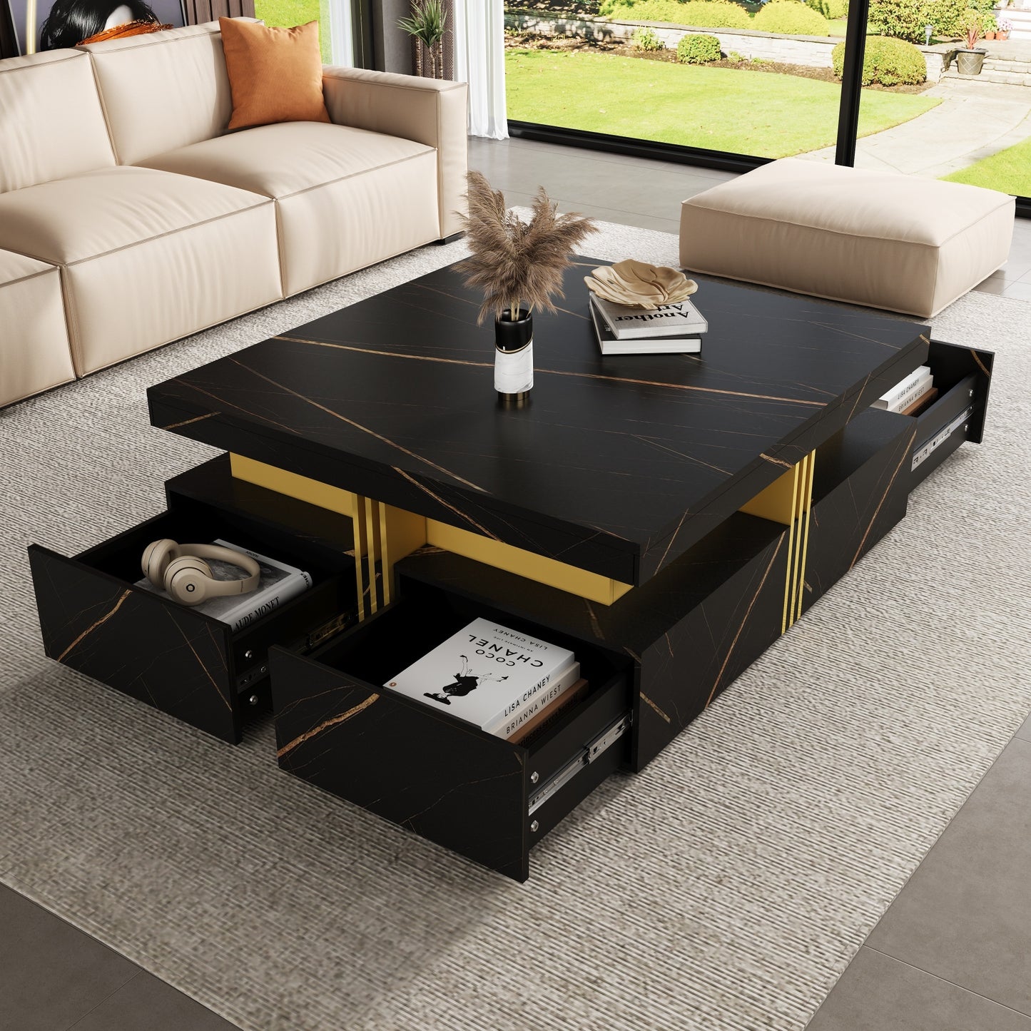 Modern Square Coffee Table with 4 Drawers, MDF, Gold Accents, 43.3 x 43.3 x 16.5 in, Living Room Black