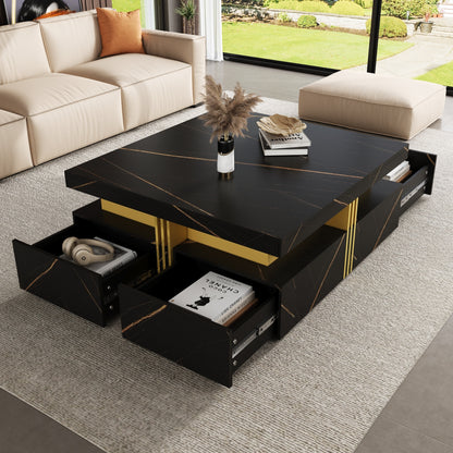 Modern Square Coffee Table with 4 Drawers, MDF, Gold Accents, 43.3 x 43.3 x 16.5 in, Living Room Black