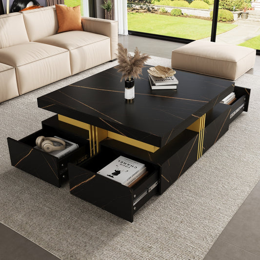 Modern Square Coffee Table with 4 Drawers, MDF, Gold Accents, 43.3 x 43.3 x 16.5 in, Living Room Black