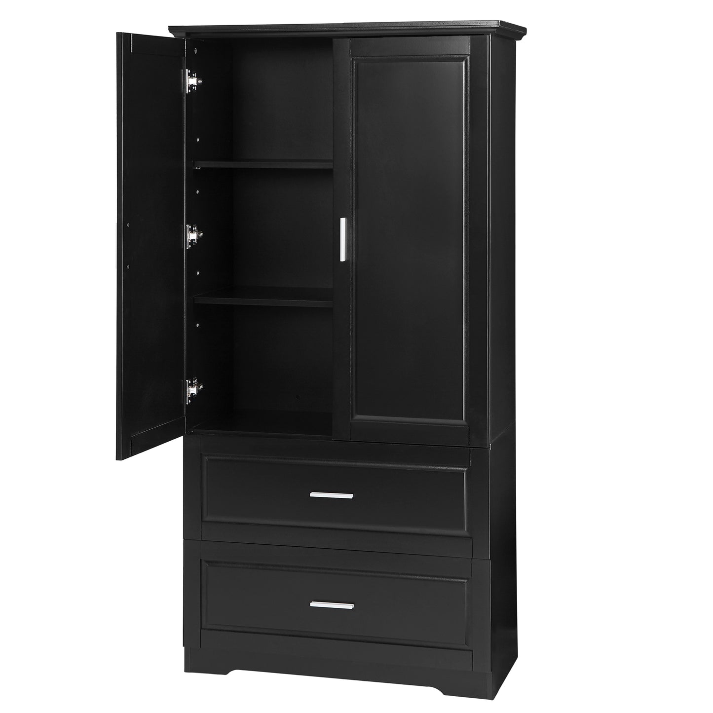 Black Tall Storage Cabinet with Adjustable Shelves, Doors, and Drawers - MDF Construction