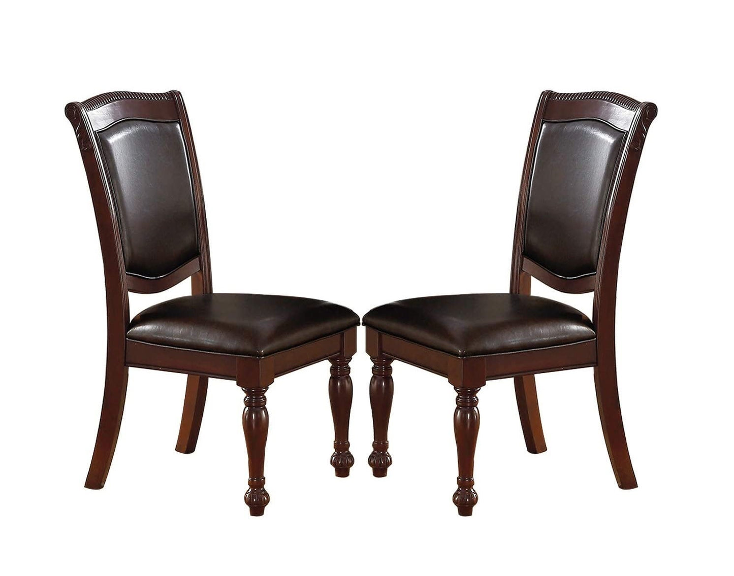 Formal Dining Side Chairs, Set of 2, Rubberwood with Wood Veneer, PU Upholstered Seats, Carved Dark Brown