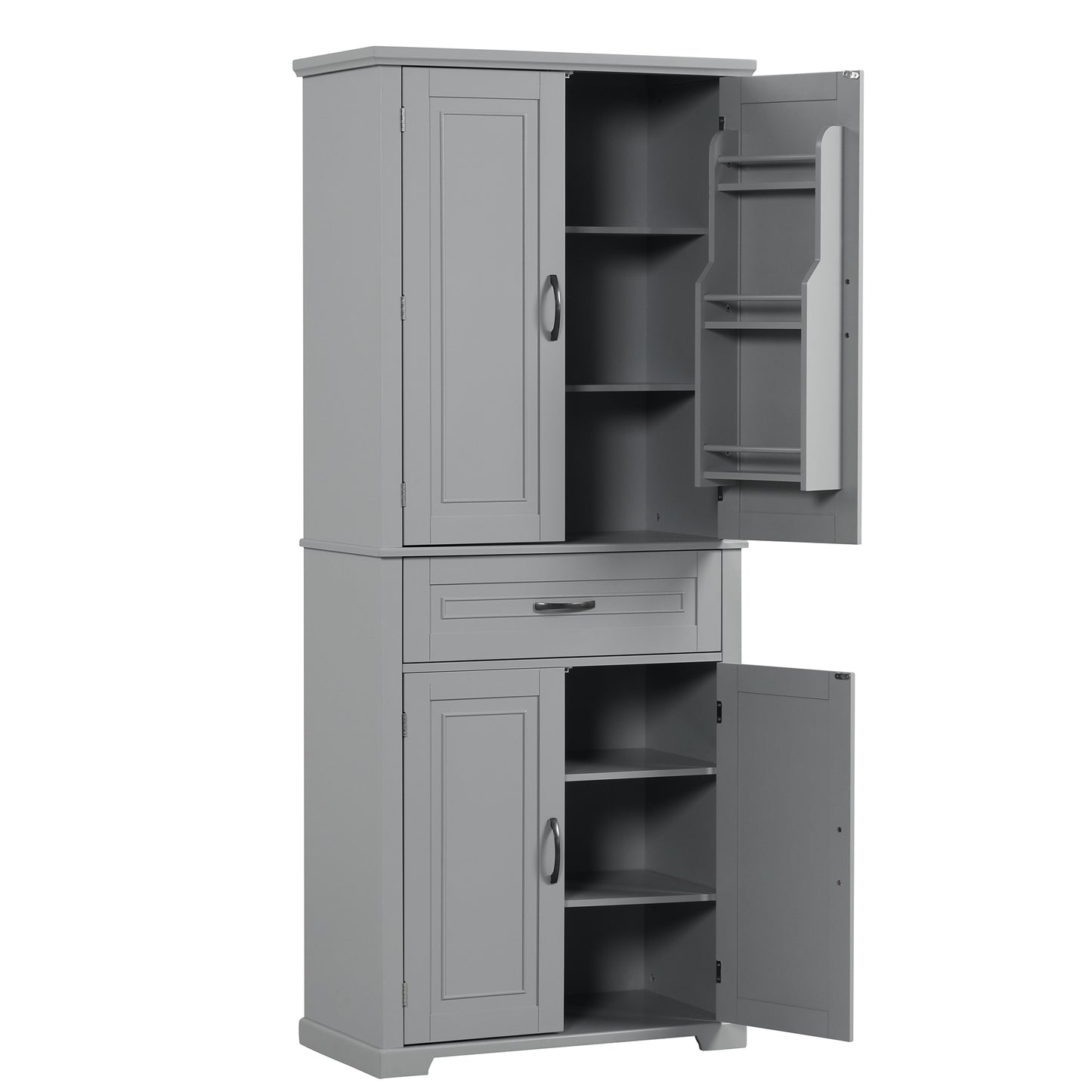 Tall Grey MDF Bathroom Storage Cabinet with Adjustable Shelf and Multiple Storage Solutions
