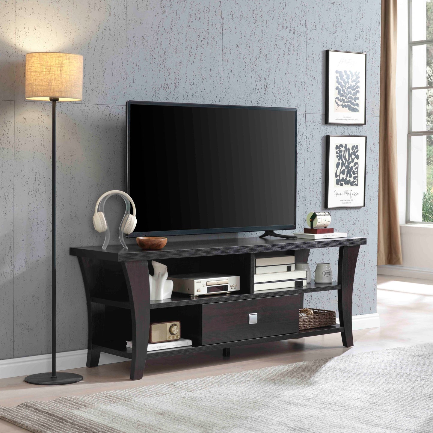 TV Stand Cabinet for 60-69 Inch TVs with Two Open Cubbies, Drawer on Metal Glides, Curved Legs Espresso