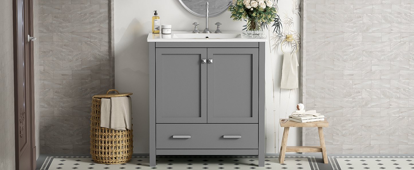 30-Inch Modern Gray Bathroom Vanity with Undermount Sink, Elegant Storage Cabinet Featuring Soft-Close Doors and Multifunctional Design